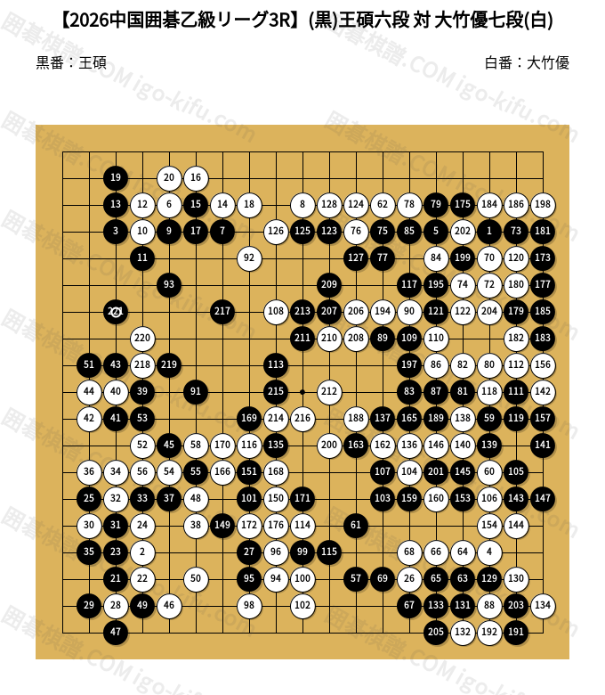 2026中国囲碁乙級リーグ3R】(黒)王碩六段 対 大竹優七段(白) | 囲碁