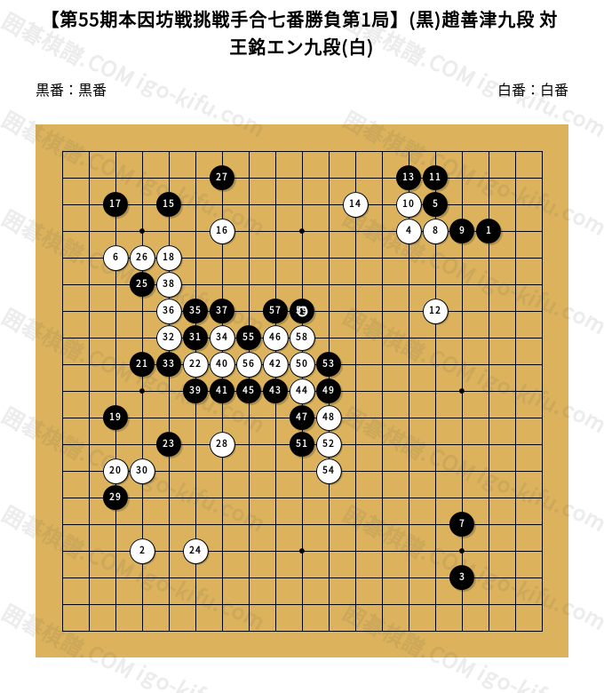 第55期本因坊戦挑戦手合七番勝負第1局】(黒)趙善津九段 対 王銘