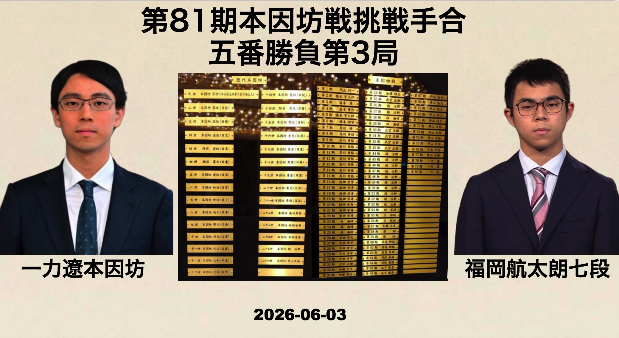 一力遼本因坊が防衛に王手
