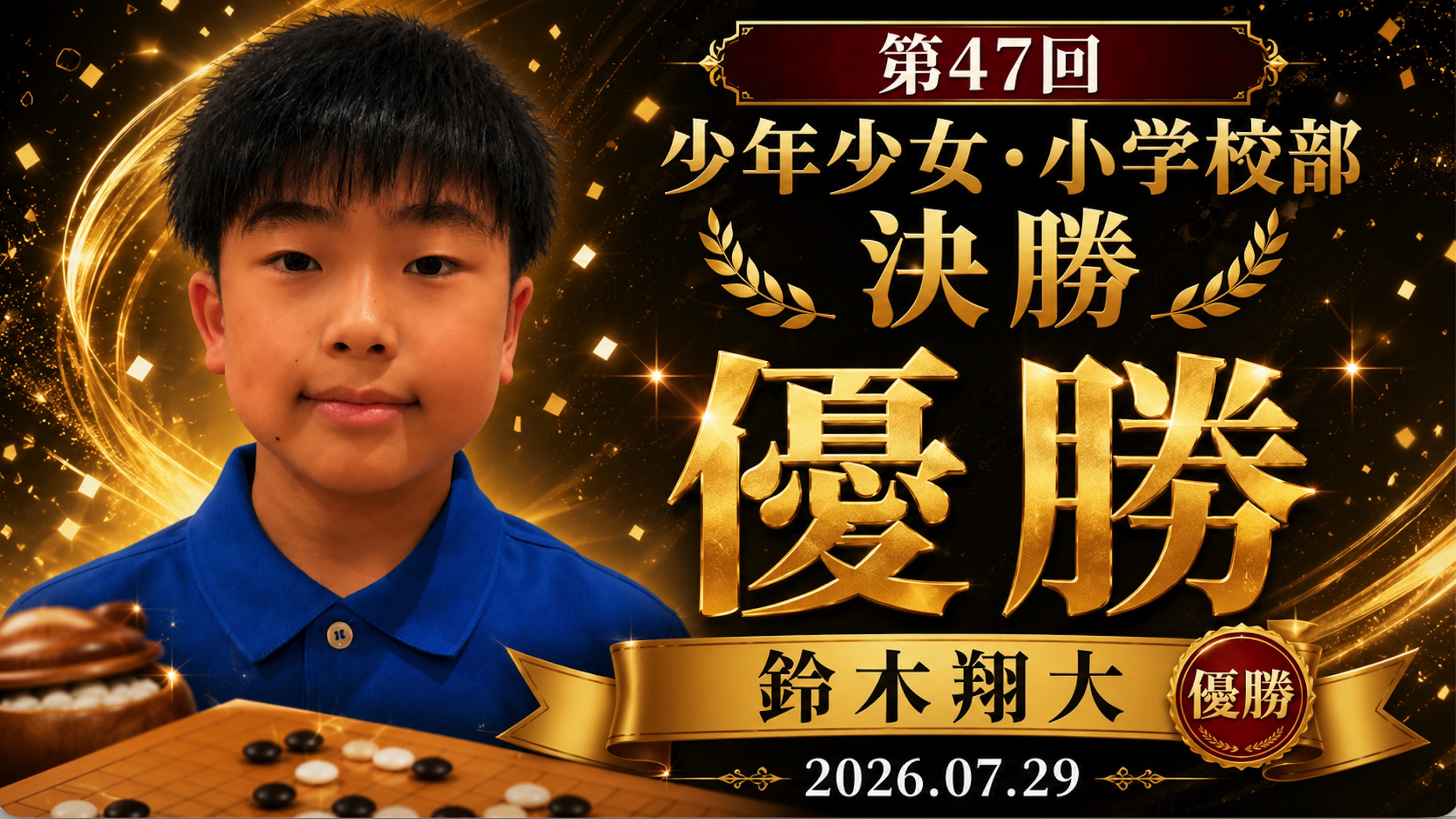 少年少女囲碁大会小学校の部、鈴木翔大くんが優勝